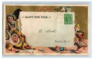 1881 Mail Carrier Mailman New Year's Card Clown Giant Letter Children P208  