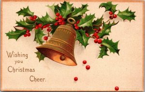 Wishing You Christmas Cheer With Gold Bell and Holly