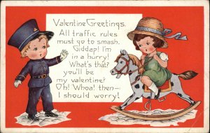 Whitney Valentine Little Boy Traffic Cop Girl on Toy Riding Horse c1910 Postcard