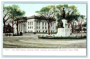 Lynn MA, City Hall Square Showing Public Library And Soldier's Monument Postcard