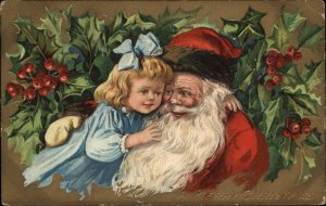 Christmas Santa Claus Child Girl Hugging Gilt Embossed c1900s-20s Postcard