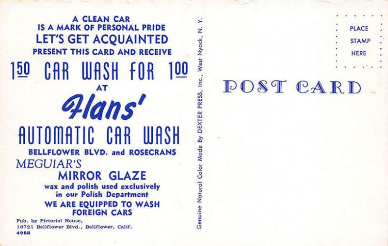 Bellflower CA Flan's Soft Water Car Wash Old Cars Postcard