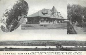 c1910 Mulitview Postcard; Panorama of Medicine Hat Canada C.P.R. Depot & Gardens