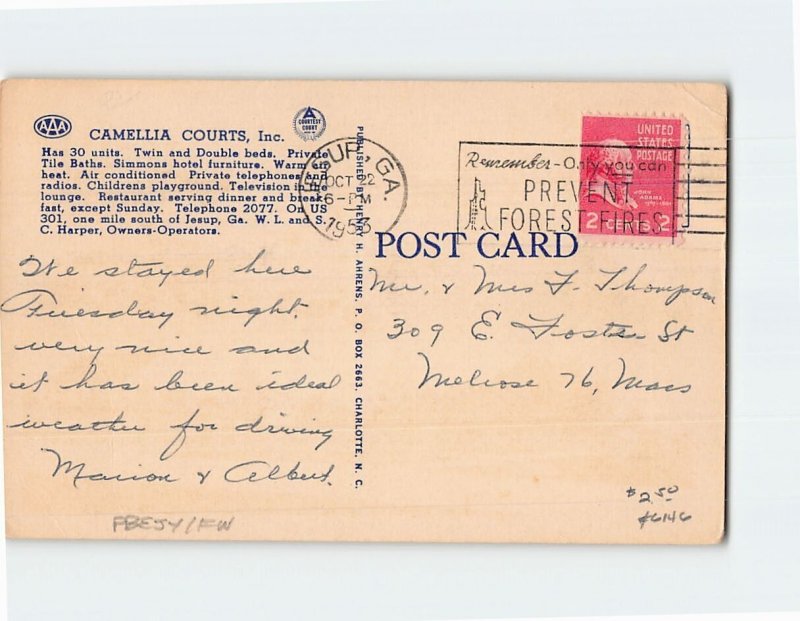 Postcard Camellia Courts Inc.  One Mile South of Jesup Georgia USA