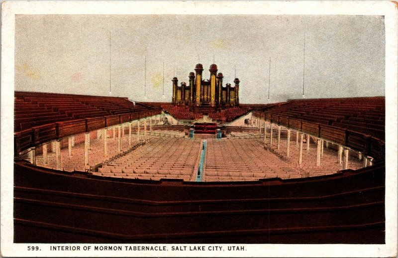 Interior Mormon Tabernacle Salt Lake City Utah UT WB Postcard UNP Unused VTG 