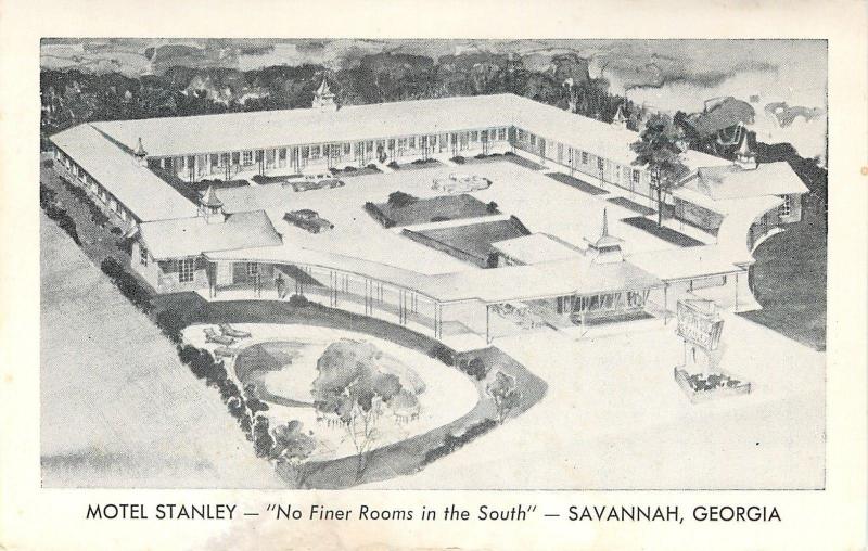 Savannah GA~Motel Stanley~US 17~Air View~Artists Sketch~Cars~1950s Post Card