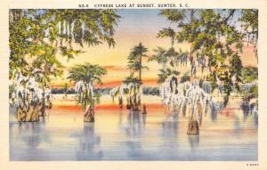 SUMTER, SC South Carolina  PRETTY CYPRESS LAKE At Sunset  c1940's Linen Postcard