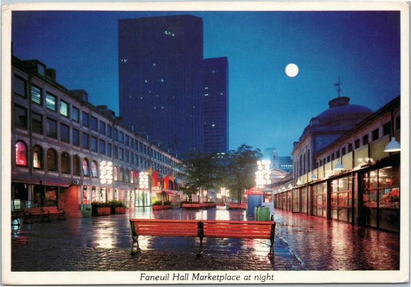 Boston Massachusetts postcard - Faneuil Hall Marketplace at Night