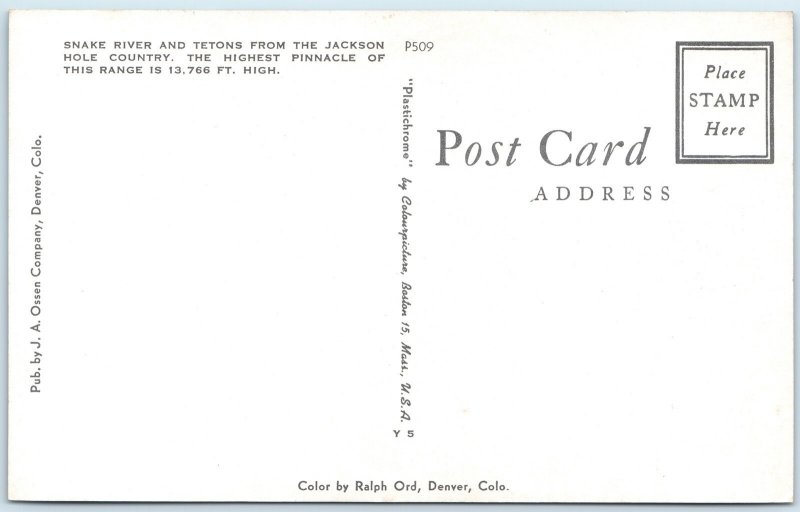 c1950s Jackson Hole, WY Snake River Tetons Chrome Postcard Pinnacle 13766ft A53