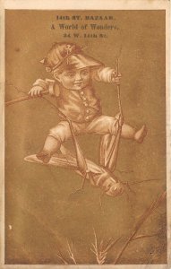 14th Street Bazaar New York Victorian Trade Card Boy Flying Back of Grasshopper