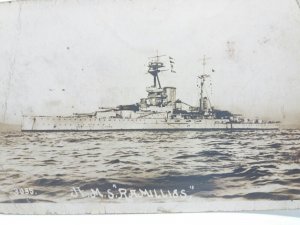 HMS Ramillies Royal Navy Battleship at Sea Vintage Postcard