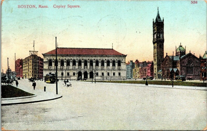 Boston Massachusetts Copley Square Trolley Old Car Antique Postcard DB Germany 