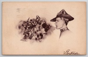 Fantasy Handsome Soldier Smoking Beautiful Woman Appears Postcard R29
