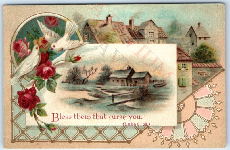 c1890s NICE Luke 6:28 Bible Quote Religious Trade Card Christian Bless Them C45