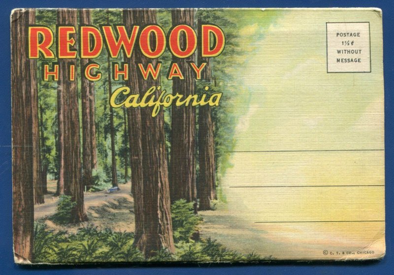 The Redwood Highway California ca linen 1940s postcard folder foldout #2