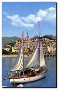 Postcard Moderne Menton old town and harbor boat