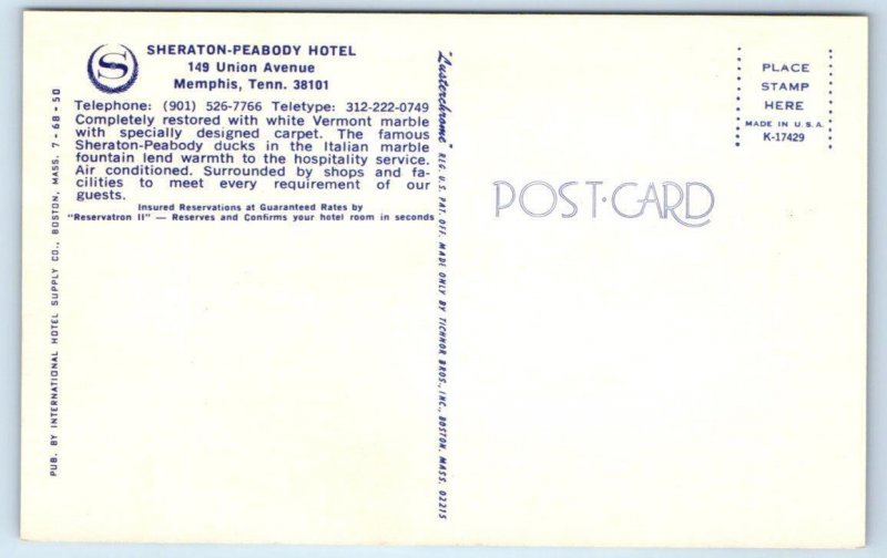 2 Postcards MEMPHIS, TN ~ Lobby & Fountain SHERATON PEABODY HOTEL c1970s