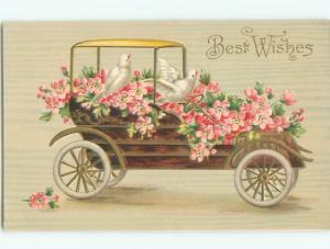 Unused Pre-Linen easter DOVE BIRDS IN ANTIQUE CAR FULL OF PINK FLOWERS J1989