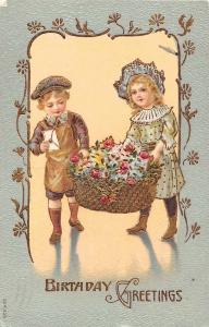 Birthday Greetings boy and girl flowers envelope embossed antique pc Z20088