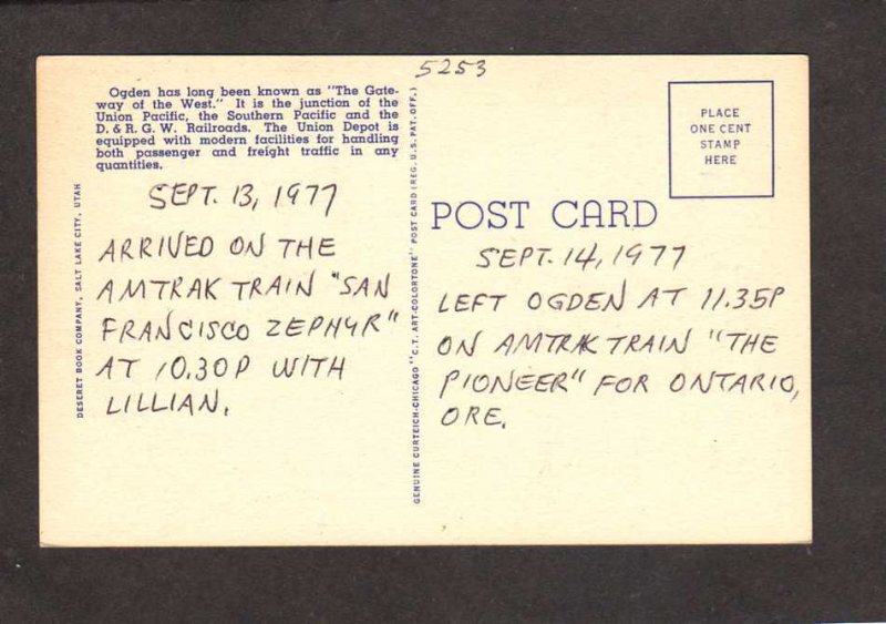 UT Ogden Utah Railroad Train Station Depot Linen Postcard