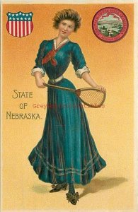 NE, Nebraska, State Seal, Flag, Women with Racket, Embossed