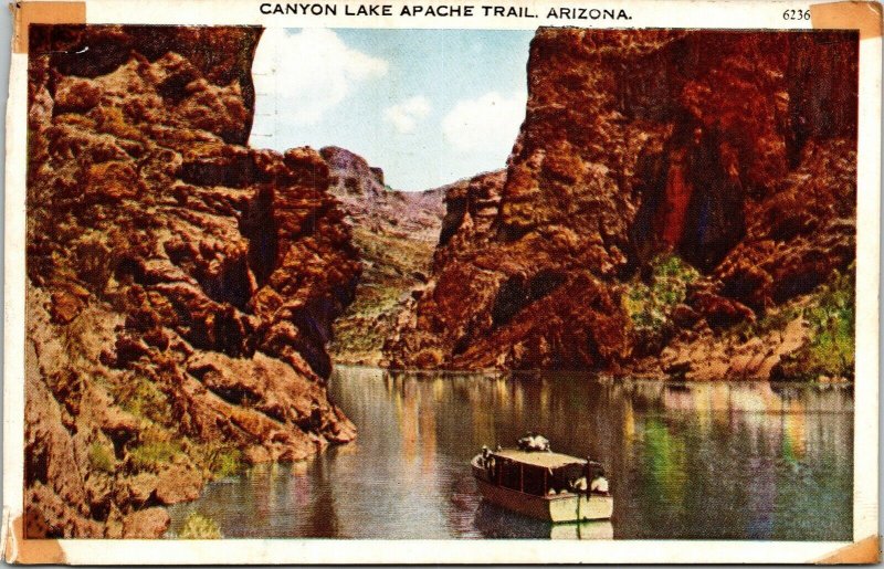 Canyon Lae Apache Trail Arizona AZ Old Boat WB Postcard VTG PM Phoenix Cancel 