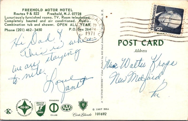 Freehold Motor Hotel, Rts 9 & 522, Freehold NJ c1971 Vintage Postcard S65