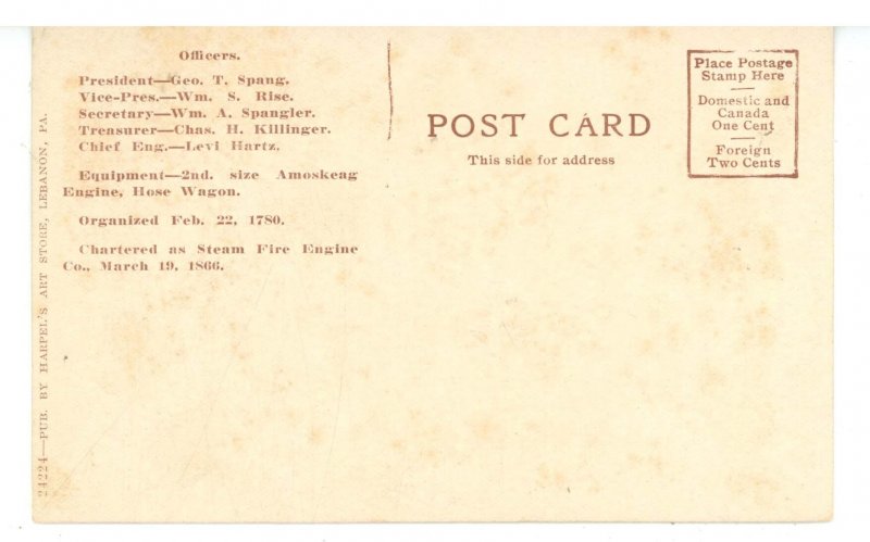 PA - Lebanon. Lebanon Fire Union Steam & Hose Co. No. 1 ca 1907
