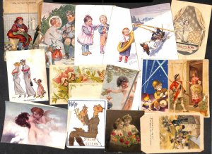 Lot of 15 vintage severely damaged postcards unstick back trimmed caricature art 