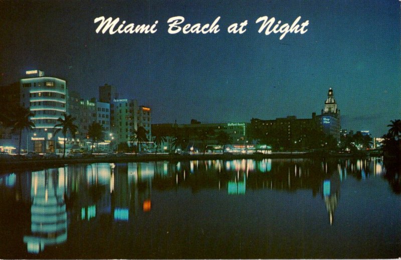 Florida Miami Beach Hotels At Night Looking Across Lake Pancoast