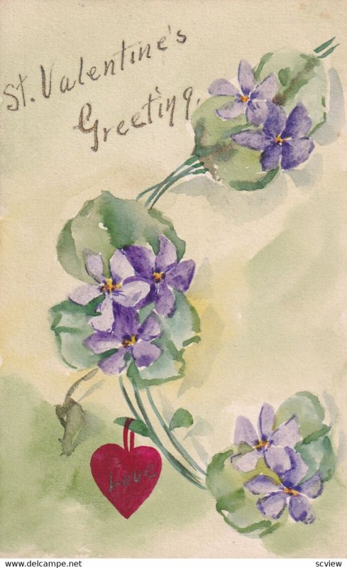 VALENTINE'S DAY, 1900-10s; Greeting, Violet Flowers, Red Heart Pendant LOVE