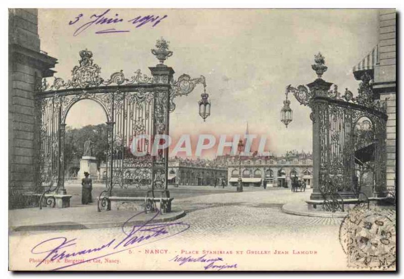 Old Postcard Nancy Place Stanislas and grid Jean Lamour