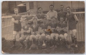Vintage RPPC British Soccer Rugby Team Trophy Photo Postcard c1920s