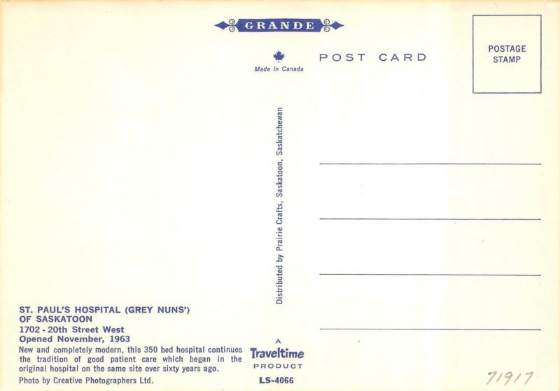 Saskatoon, Saskatchewan Canada  ST PAUL'S HOSPITAL  (Grey Nuns')  4X6 Postcard