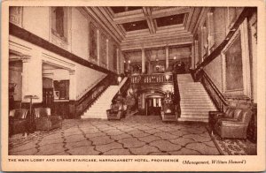 Main Lobby and Staircase, Narragansett Hotel Providence RI Vintage Postcard V51