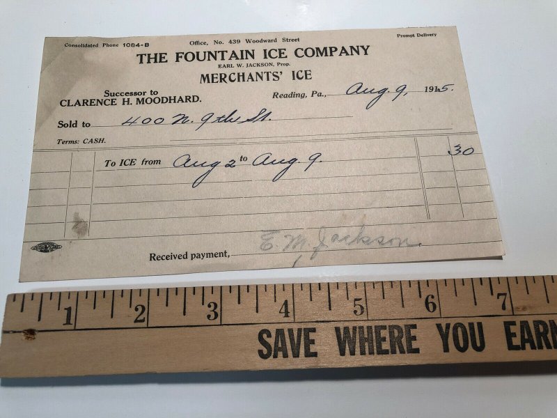 1915 The Fountain Ice Company Merchants Ice Reading PA Invoice Letterhead