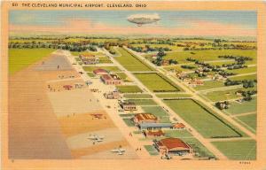 Vintage Linen Postcard Cleveland OH Municipal Airport w/ Goodyear Blimp unposted