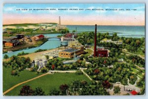 1940 Michigan City Indiana Postcard Air View Washington Park Monkey Island Lake