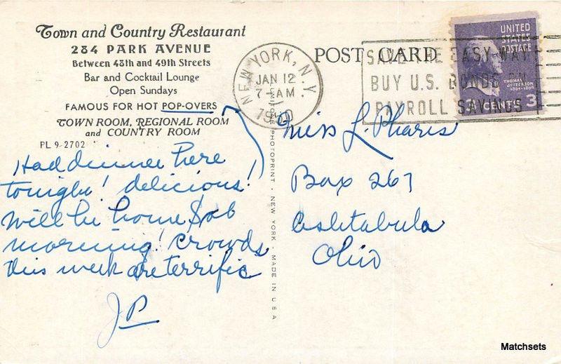 1950 Interior Town & Country Restaurant Bar Town Room NEW YORK postcard 10202