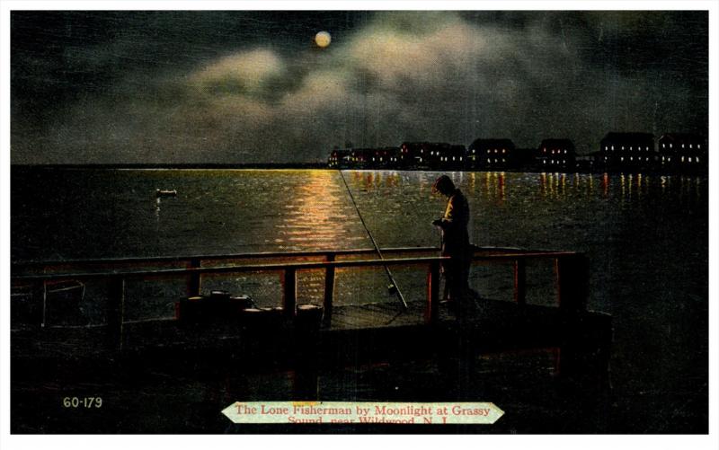 New Jersey  Wildwood  , Grassy Sound  Fisherman   at night