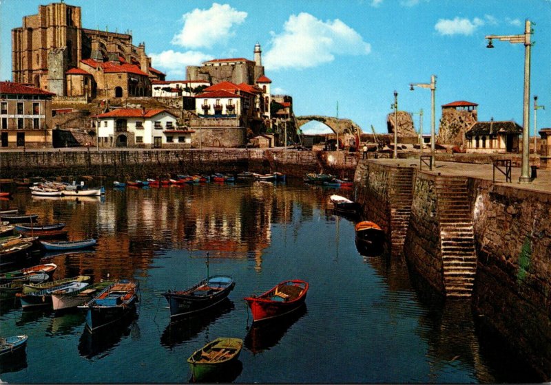 Spain Castro Urdiales Harbor St Mary's Church and Lighthouse