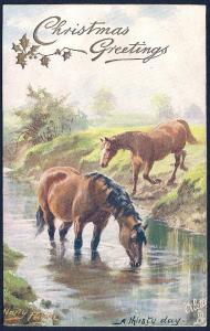 Christmas Greeting Horses @the Stream A/S Payne used c1910's