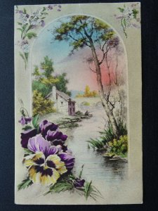 Flowers PANSY View of River Cottage & Bridge - Old Postcard by A. Noyer of Paris