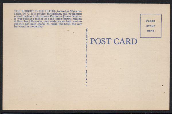 North Carolina colour PC Hotel Robert E Lee Winston-Salem  unused