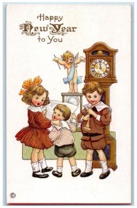 c1910's New Year Children Singing Flute Clock Angel Hour Glass Embossed Postcard
