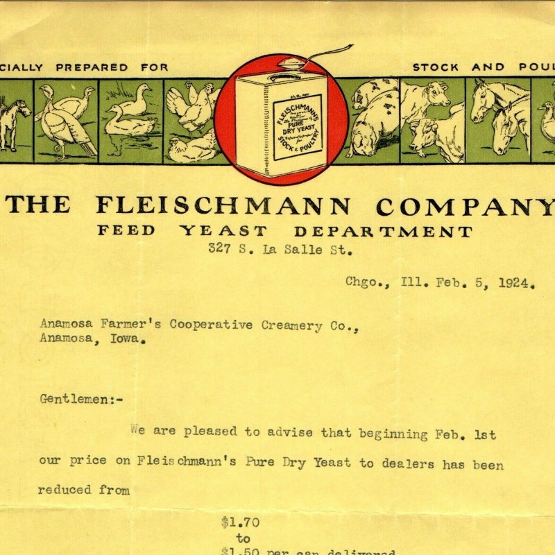 1924 Chicago Fleischmann Feed Yeast Letterhead Antique Letter to Anamosa Iowa R1