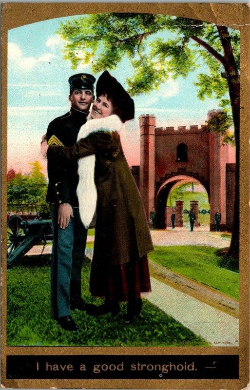 Vtg Romance Love Soldier Couple Embrace I Have A Good Stronghold 1910s Postcard