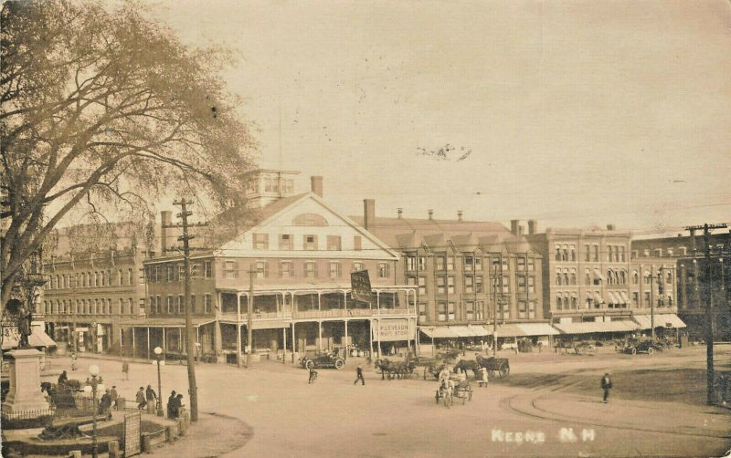 Keene NH Busy Central Square Stores Monument Horses Real Photo Postcard