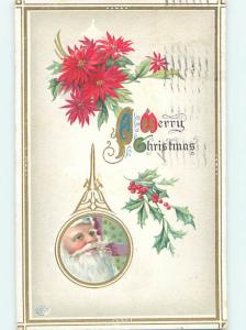 Pre-Linen christmas SANTA CLAUS WITH POINSETTIA FLOWERS AND HOLLY hr3163