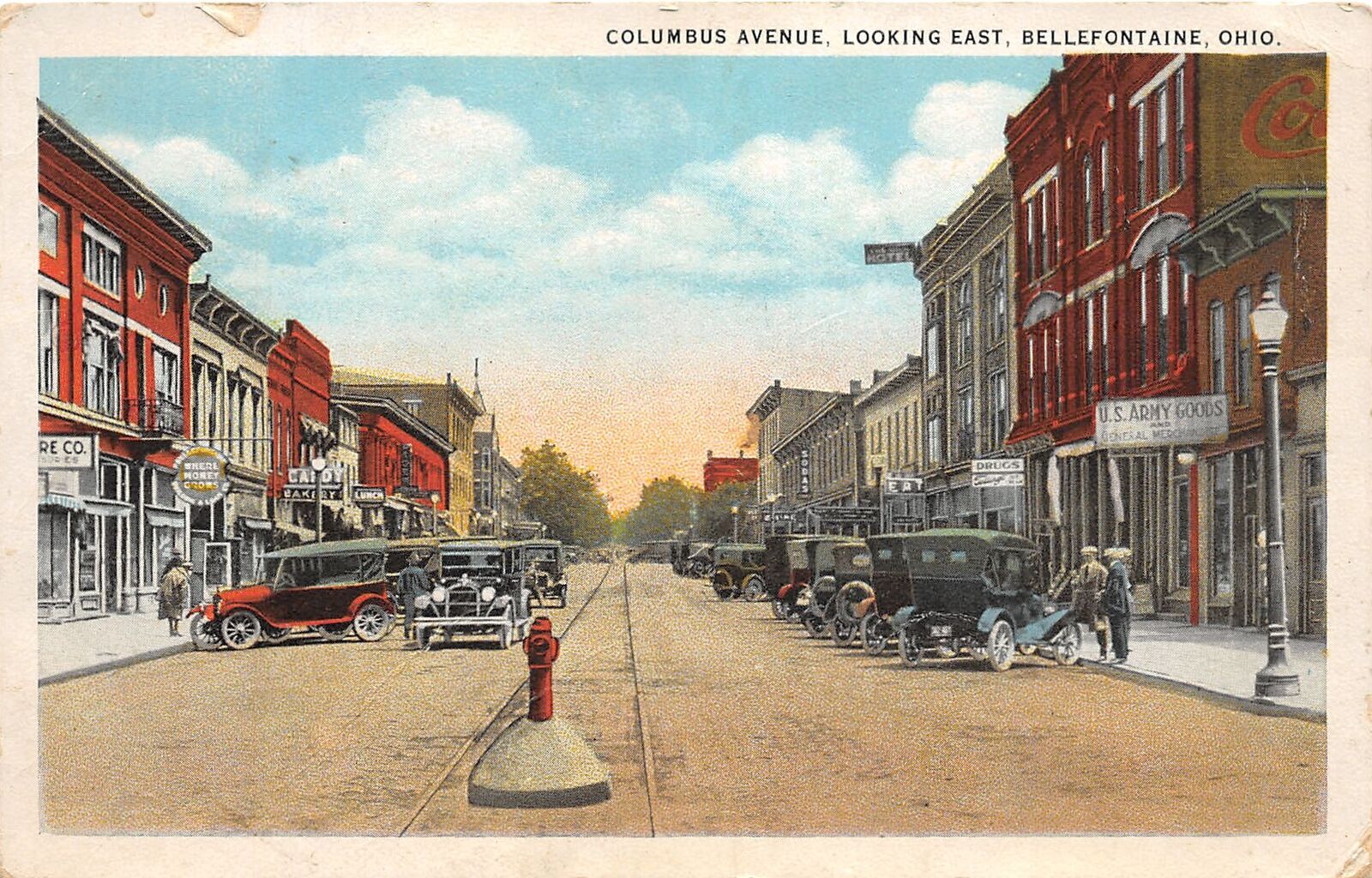 J49/ Bellefontaine Ohio Postcard c1910 Columbus Avenue Stores Autos 66